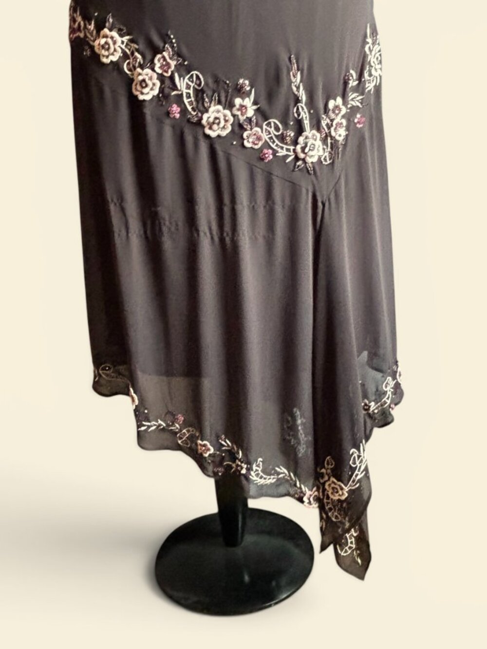 Brown Floral Embroidered 1920s-Inspired Handkerchief Hem Dress - Picture 4 of 16